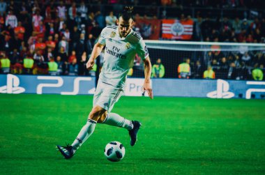 Tallinn, Estonya - 15 Ağustos, 2018: Gareth Bale son sırasında 2018 Uefa Süper Kupası maç arada Atletico Madrid vs Real Madrid A. Le Coq Arena Stadyumu, Estonya