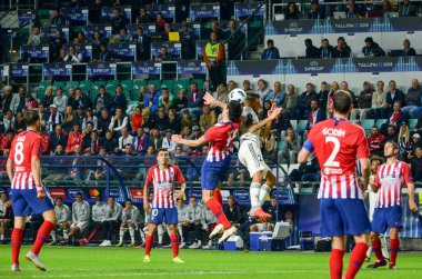 Tallinn, Estonya - 15 Ağustos, 2018: Stefan Savic final sırasında 2018 Uefa Süper Kupası maç arada Atletico Madrid vs Real Madrid A. Le Coq Arena Stadyumu, Estonya