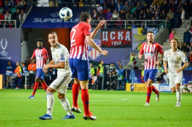 Tallinn, Estonya - 15 Ağustos, 2018: Diego Godin final sırasında 2018 Uefa Süper Kupası maç arada Atletico Madrid vs Real Madrid A. Le Coq Arena Stadyumu, Estonya