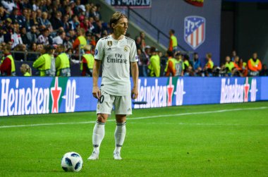 Tallinn, Estonya - 15 Ağustos, 2018: Luka Modric final sırasında 2018 Uefa Süper Kupası maç arada Atletico Madrid vs Real Madrid A. Le Coq Arena Stadyumu, Estonya