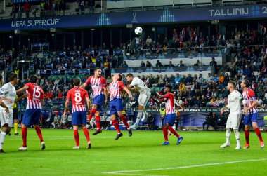 Tallinn, Estonya - 15 Ağustos, 2018: futbolcuların son 2018 Uefa Süper Kupası sırasında maç arada Atletico Madrid vs Real Madrid A. Le Coq Arena Stadyumu, Estonya