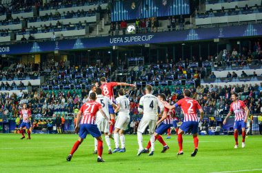 Tallinn, Estonya - 15 Ağustos, 2018: futbolcuların son 2018 Uefa Süper Kupası sırasında maç arada Atletico Madrid vs Real Madrid A. Le Coq Arena Stadyumu, Estonya