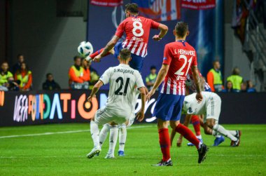 Tallinn, Estonya - 15 Ağustos, 2018: futbolcuların son 2018 Uefa Süper Kupası sırasında maç arada Atletico Madrid vs Real Madrid A. Le Coq Arena Stadyumu, Estonya