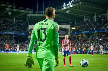 Tallinn, Estonya - 15 Ağustos, 2018: Jan Oblak final sırasında 2018 Uefa Süper Kupası maç arada Atletico Madrid vs Real Madrid A. Le Coq Arena Stadyumu, Estonya