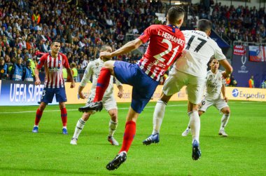 Tallinn, Estonya - 15 Ağustos, 2018: 2018 Uefa süper kupa final sırasında Lucas Hernandez maç arada Atletico Madrid vs Real Madrid A. Le Coq Arena Stadyumu, Estonya