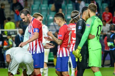 Tallinn, Estonya - 15 Ağustos, 2018: Athletico Madrid oyuncuları kutlamak zafer Uefa Süper Kupası'nda final 2018 Uefa Süper Kupası maç sonra Atletico Madrid vs Real Madrid, Estonya arasında