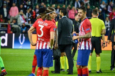 Tallinn, Estonya - 15 Ağustos, 2018: 2018 Uefa Süper Kupası Finali sırasında Filipe Luis maç arada Atletico Madrid vs Real Madrid A. Le Coq Arena Stadyumu, Estonya