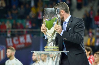 Tallinn, Estonya - 15 Ağustos, 2018: Uefa süper kupa final 2018 Uefa süper kupa maçında Atletico Madrid vs Real Madrid A. Le Coq Arena Stadyumu, Estonya arasında sırasında kapatın