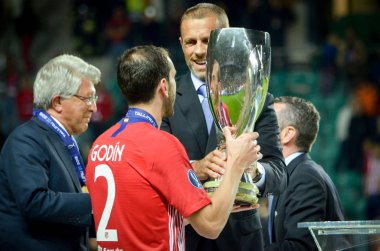 Tallinn, Estonya - 15 Ağustos, 2018: Diego Godin alır Uefa süper kupa final 2018 Uefa Süper Kupası maç sonra Atletico Madrid vs Real Madrid, Estonya arasında