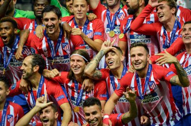 Tallinn, Estonya - 15 Ağustos, 2018: futbolcular Atletico Madrid son 2018 Uefa Süper Kupası maç sonra Estonya Uefa Süper Kupası 2018 kazanarak zaferi kutlamak