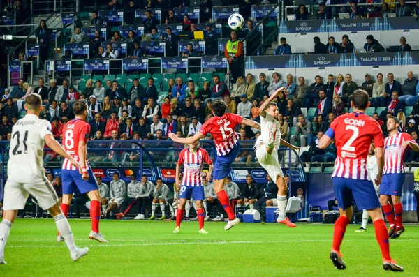 Tallinn, Estonya - 15 Ağustos, 2018: Stefan Savic final sırasında 2018 Uefa Süper Kupası maç arada Atletico Madrid vs Real Madrid A. Le Coq Arena Stadyumu, Estonya