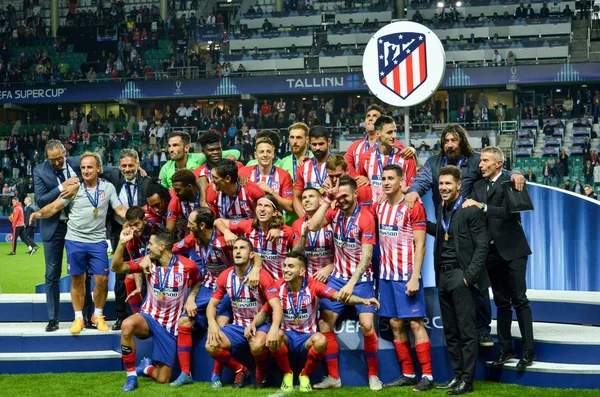 Tallinn Estonia Elokuu 2018 Jalkapalloilijat Atletico Madrid Uefa Super Cupin — kuvapankkivalokuva