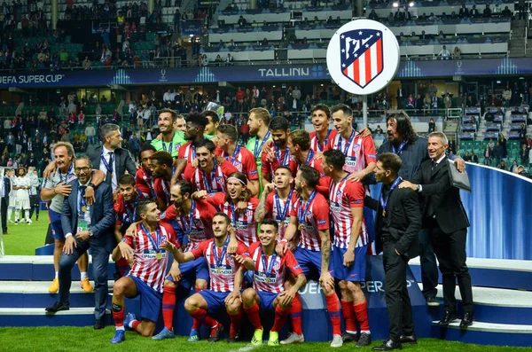 Tallinn Estonia Elokuu 2018 Jalkapalloilijat Atletico Madrid Juhlivat Voittoa Voittamalla — kuvapankkivalokuva