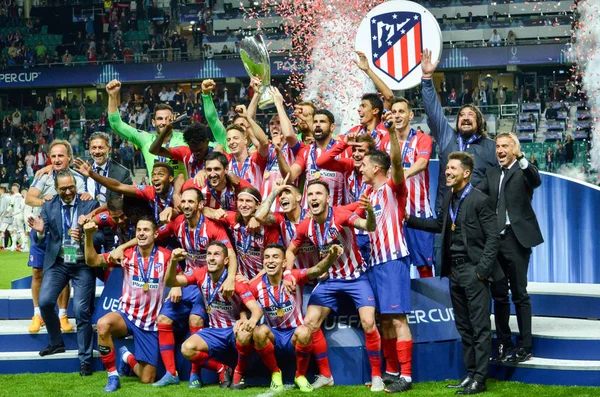 Tallinn Estonia August 2018 Footballers Atletico Madrid Celebrate Victory Winning — Stock Photo, Image