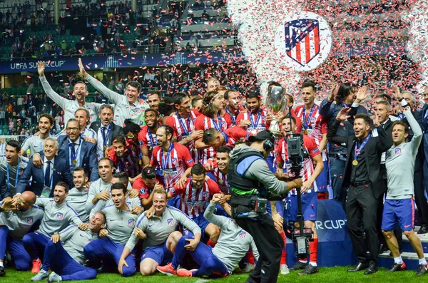 Tallinn Estonia August 2018 Footballers Atletico Madrid Celebrate Victory Winning — Stock Photo, Image