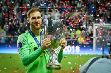 Tallinn, Estonya - 15 Ağustos, 2018: Jan Oblak kupa Uefa Süper Kupası Finali sırasında ile 2018 Uefa Süper Kupası maç Atletico Madrid vs Real Madrid, Estonya arasında