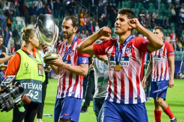 Tallinn, Estonya - 15 Ağustos, 2018: Diego Godin kupa Uefa Süper Kupası Finali sırasında ile 2018 Uefa Süper Kupası maç Atletico Madrid vs Real Madrid, Estonya arasında