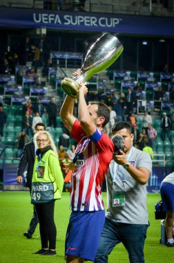 Tallinn, Estonya - 15 Ağustos, 2018: Diego Godin kupa Uefa Süper Kupası Finali sırasında ile 2018 Uefa Süper Kupası maç Atletico Madrid vs Real Madrid, Estonya arasında