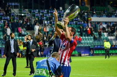 Tallinn, Estonya - 15 Ağustos, 2018: Diego Godin kupa Uefa Süper Kupası Finali sırasında ile 2018 Uefa Süper Kupası maç Atletico Madrid vs Real Madrid, Estonya arasında