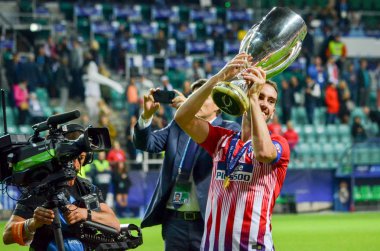 Tallinn, Estonya - 15 Ağustos, 2018: Diego Godin kupa Uefa Süper Kupası Finali sırasında ile 2018 Uefa Süper Kupası maç Atletico Madrid vs Real Madrid, Estonya arasında