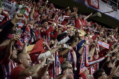 Tallinn, Estonya - 15 Ağustos, 2018: futbol hayranları Atletico Madrid son 2018 Uefa Süper Kupası maç sonra Estonya Uefa Süper Kupası 2018 kazanarak zaferi kutlamak