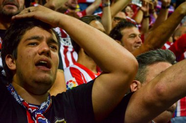 Tallinn, Estonya - 15 Ağustos, 2018: hayranları Atletico Madrid son 2018 Uefa Süper Kupası maç sonra Estonya Uefa Süper Kupası 2018 kazanarak zaferi kutlamak