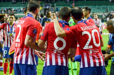 Tallinn, Estonya - 15 Ağustos, 2018: futbolcular Atletico Madrid son 2018 Uefa Süper Kupası maç sonra Estonya Uefa Süper Kupası 2018 kazanarak zaferi kutlamak