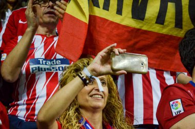 Tallinn, Estonya - 15 Ağustos, 2018: hayranları Atletico Madrid son 2018 Uefa Süper Kupası maç sonra Estonya Uefa Süper Kupası 2018 kazanarak zaferi kutlamak