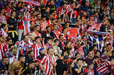 Tallinn, Estonya - 15 Ağustos, 2018: hayranları Atletico Madrid son 2018 Uefa Süper Kupası maç sonra Estonya Uefa Süper Kupası 2018 kazanarak zaferi kutlamak