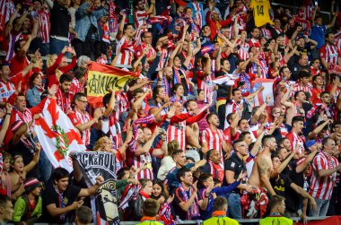 Tallinn, Estonya - 15 Ağustos, 2018: hayranları Atletico Madrid son 2018 Uefa Süper Kupası maç sonra Estonya Uefa Süper Kupası 2018 kazanarak zaferi kutlamak