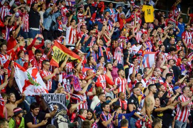 Tallinn, Estonya - 15 Ağustos, 2018: hayranları Atletico Madrid son 2018 Uefa Süper Kupası maç sonra Estonya Uefa Süper Kupası 2018 kazanarak zaferi kutlamak