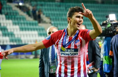 Tallinn, Estonya - 15 Ağustos, 2018: futbolcular Atletico Madrid son 2018 Uefa Süper Kupası maç sonra Estonya Uefa Süper Kupası 2018 kazanarak zaferi kutlamak
