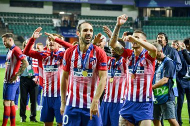 Tallinn, Estonya - 15 Ağustos, 2018: futbolcular Atletico Madrid son 2018 Uefa Süper Kupası maç sonra Estonya Uefa Süper Kupası 2018 kazanarak zaferi kutlamak