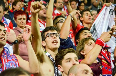 Tallinn, Estonya - 15 Ağustos, 2018: hayranları Atletico Madrid son 2018 Uefa Süper Kupası maç sonra Estonya Uefa Süper Kupası 2018 kazanarak zaferi kutlamak