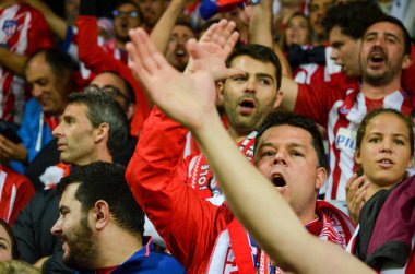 Tallinn, Estonya - 15 Ağustos, 2018: hayranları Atletico Madrid son 2018 Uefa Süper Kupası maç sonra Estonya Uefa Süper Kupası 2018 kazanarak zaferi kutlamak