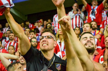 Tallinn, Estonya - 15 Ağustos, 2018: hayranları Atletico Madrid son 2018 Uefa Süper Kupası maç sonra Estonya Uefa Süper Kupası 2018 kazanarak zaferi kutlamak