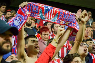 Tallinn, Estonya - 15 Ağustos, 2018: hayranları Atletico Madrid son 2018 Uefa Süper Kupası maç sonra Estonya Uefa Süper Kupası 2018 kazanarak zaferi kutlamak