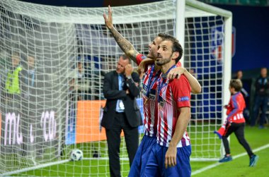 Tallinn, Estonya - 15 Ağustos, 2018: Juanfran son 2018 Uefa Süper Kupası maç sonra Estonya Uefa Süper Kupası 2018 kazanarak zaferi kutlamak