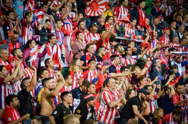 Tallinn, Estonya - 15 Ağustos, 2018: hayranları Atletico Madrid son 2018 Uefa Süper Kupası maç sonra Estonya Uefa Süper Kupası 2018 kazanarak zaferi kutlamak