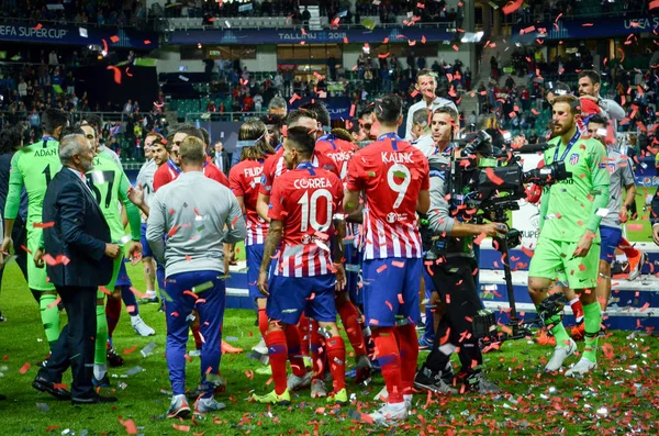 Tallinn Estonia Agosto 2018 Calciatori Dell Atletico Madrid Celebrano Vittoria — Foto Stock