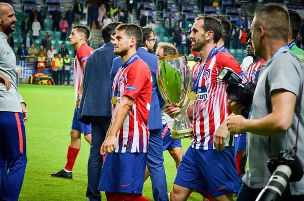 Tallinn Estland Augustus 2018 Diego Godin Met Trofee Uefa Super — Stockfoto