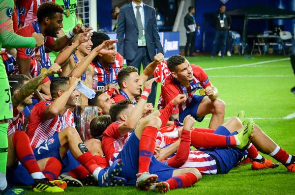 Tallinn Estonia August 2018 Footballers Atletico Madrid Celebrate Victory Winning — Stock Photo, Image