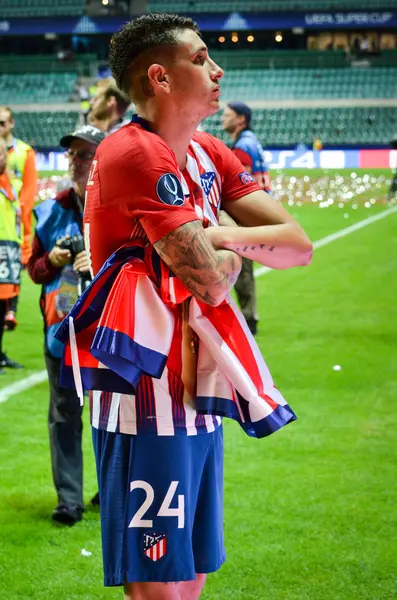 爱沙尼亚 2018年8月 菲利普 希杜莫路易斯庆祝胜利通过赢取 Uefa 超级杯2018在决赛 2018 Uefa 超级杯比赛以后 爱沙尼亚 — 图库照片