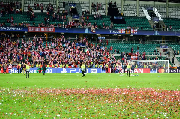 Tallinn Estonsko Srpen 2018 Fotbalisté Atletico Madrid Slaví Vítězství Tím — Stock fotografie