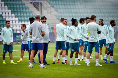 Tallinn, Estonya - 15 Ağustos, 2018: futbolcuların son 2018 Uefa Süper Kupası sırasında Atletico Madrid Maç Atletico Madrid vs Real Madrid, Estonya arasında