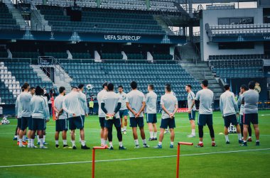 Tallinn, Estonya - 15 Ağustos, 2018: futbolcuların son 2018 Uefa Süper Kupası sırasında Atletico Madrid Maç Atletico Madrid vs Real Madrid, Estonya arasında