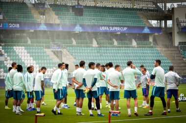 Tallinn, Estonya - 15 Ağustos, 2018: futbolcuların son 2018 Uefa Süper Kupası sırasında Atletico Madrid Maç Atletico Madrid vs Real Madrid, Estonya arasında