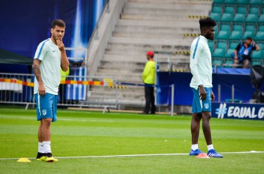 Tallinn, Estonya - 15 Ağustos, 2018: futbolcuların son 2018 Uefa Süper Kupası sırasında maç arada Atletico Madrid vs Real Madrid A. Le Coq Arena Stadyumu, Estonya