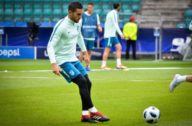 Tallinn, Estonya - 15 Ağustos, 2018: futbolcuların son 2018 Uefa Süper Kupası sırasında maç arada Atletico Madrid vs Real Madrid A. Le Coq Arena Stadyumu, Estonya