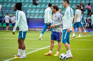 Tallinn, Estonya - 15 Ağustos, 2018: futbolcuların son 2018 Uefa Süper Kupası sırasında maç arada Atletico Madrid vs Real Madrid A. Le Coq Arena Stadyumu, Estonya